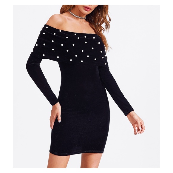 MBM Unlimited Dresses & Skirts - Black Off Shoulder Pearl Embellished Velvet Dress